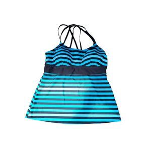 Tropical Escape Swim Top 14 Womens Black Blue Striped Pullover Padded Swimwear